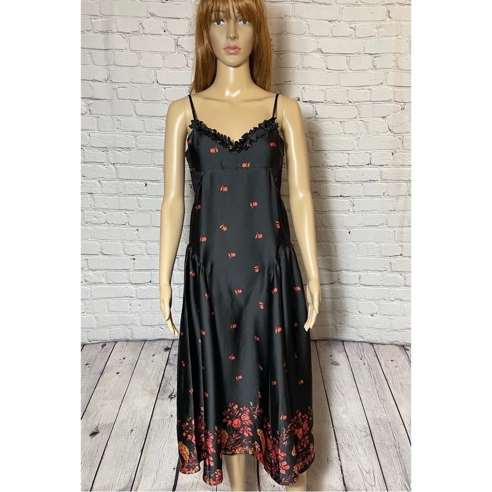 New Free People On My Own Floral Satin Black Dress Size XS